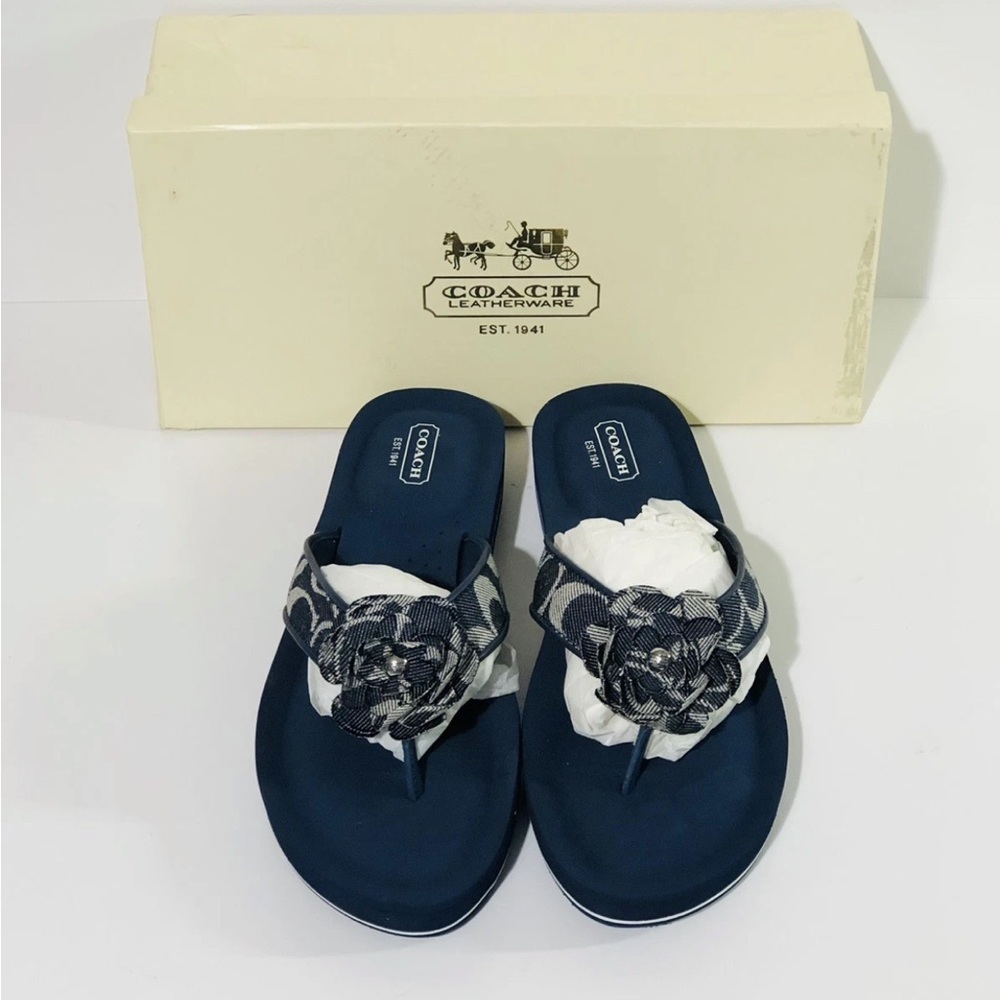 Coach Jillian Sig C Blue Denim Flower Logo Women's Flip Flops Sandals